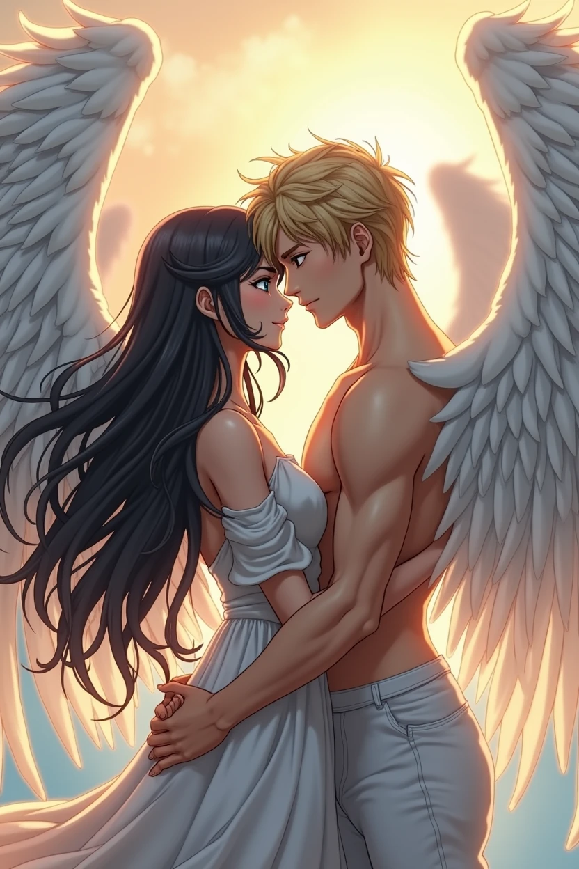 Girl with black long hair, blue eyes and angel wings, she meets her lover, a tall blond guy with brown eyes, beautiful pumped up body and angel wings, anime art, masterpiece
