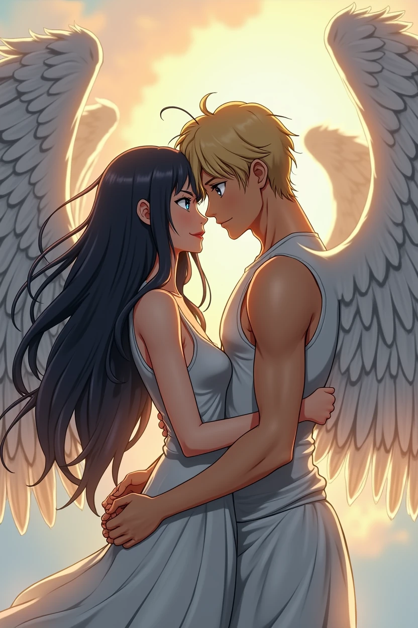 Girl with black long hair, blue eyes and angel wings, she meets her lover, a tall blond guy with brown eyes, beautiful pumped up body and angel wings, anime art, masterpiece