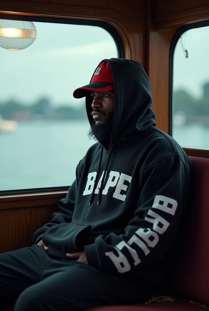 Un seul Gars africain en cagoule bape chapeau double noir blanc rouge asssis sur un sièges dans un bateaux et ils regarde à la fenêtre
