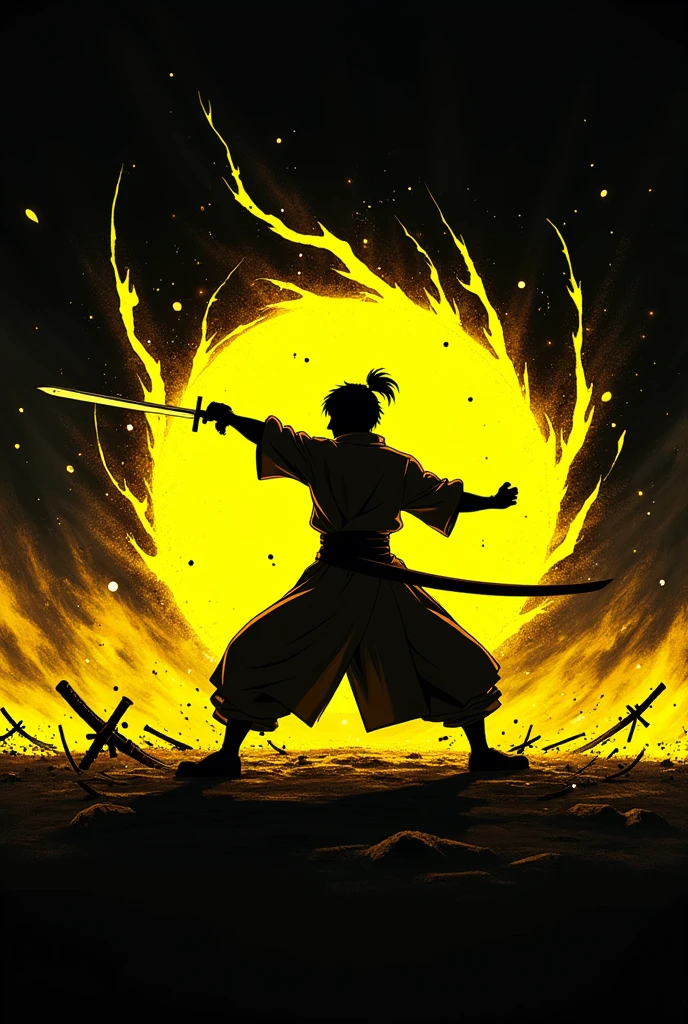 ((Best Quality)), ((masterpiece)), ((detailed)), ((High Definition)), an aura of sword slashes in anime style, all yellow color, with the black silhouette of a simple person in the center, dynamic movement, fighting pose, lightning-fast thrust. With a black background.