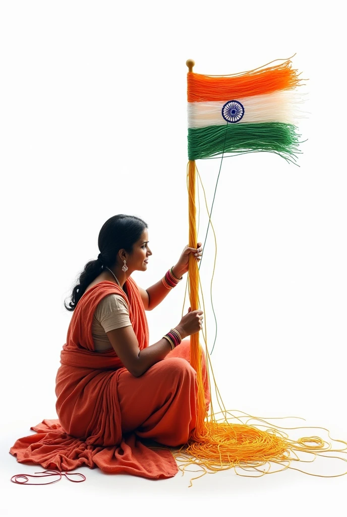 Single indian Women making indian flag from thread .step by step making to full making of flag .Process image in white baground