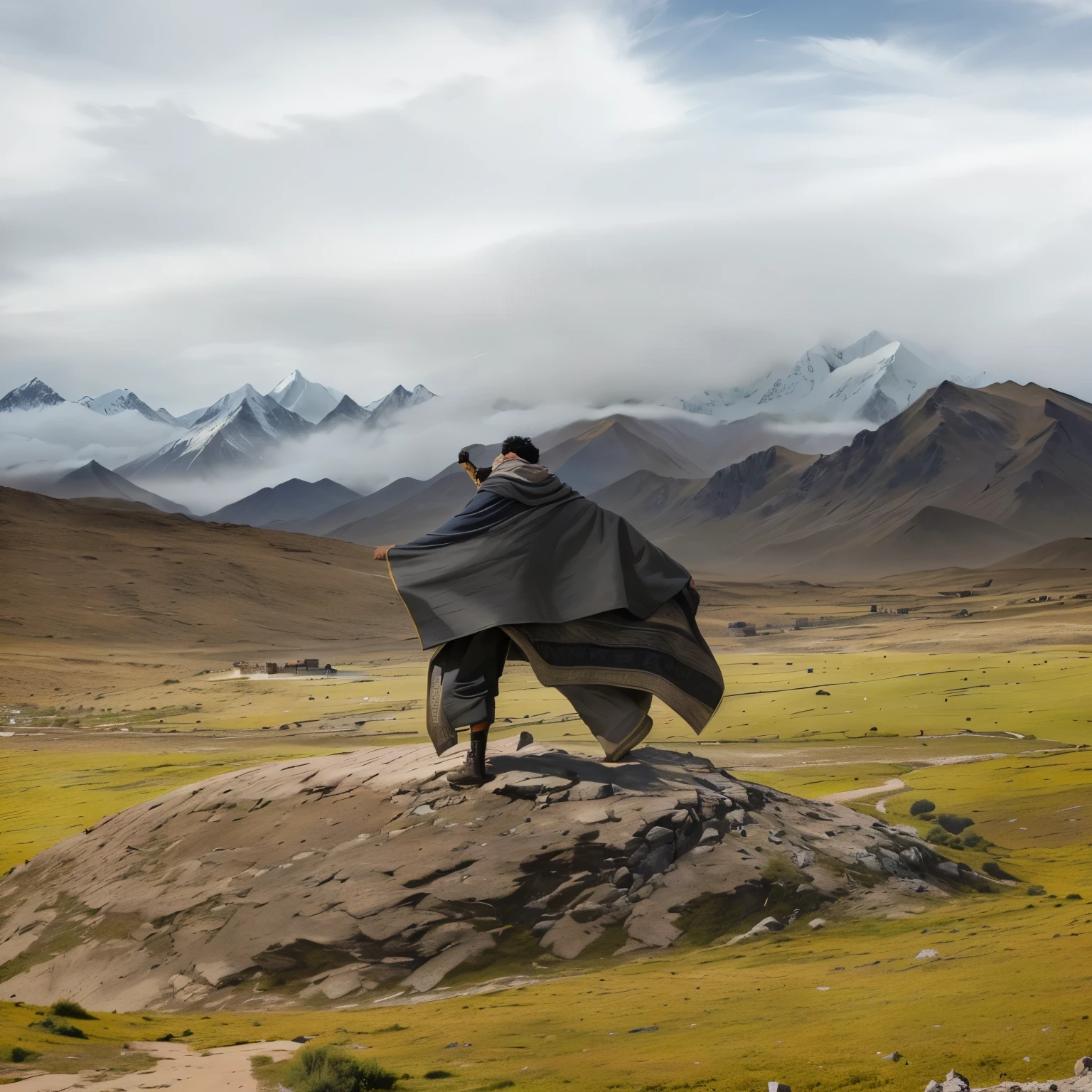 arafed man standing on a rock in a field with mountains in the background, with mountains in background, with mountains in the background, with mountains as background, standing in front of a mountain, omar shanti himalaya tibet, wearing desert poncho, in mountains, in the mountains, wearing dirty travelling clothes, mountains in the background, standing on mountain