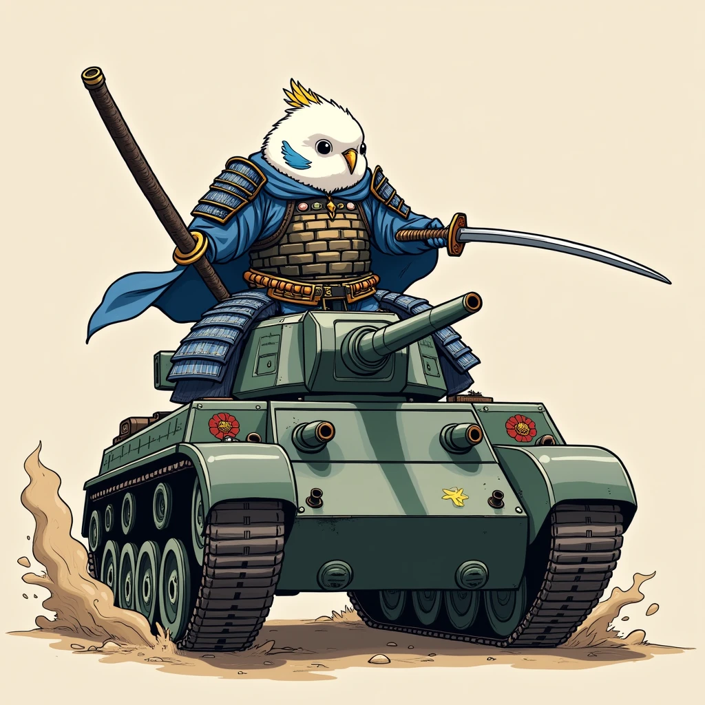 A Japanese samurai in full armor riding a tank, with a blue body and white head、A budgerigar wielding a Japanese sword in anime style