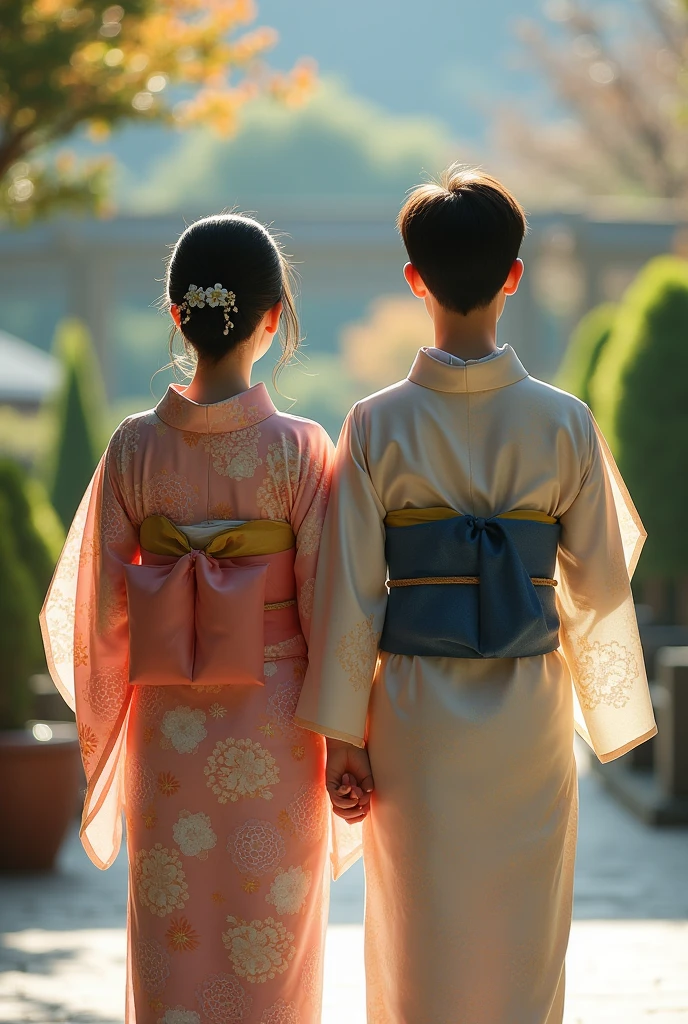 A photo of a young couple wearing yukata and facing away from the camera., Japan