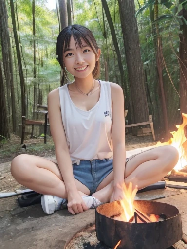 Japanese female, (underweight), (flat chest best quality:1.5), 30 years old, (cheerful grin:1.3),
island, glad, sitting on the ground, (white tank top), (denim shorts), Japanese, (at campfire:1.2), cowboy shot, from front, (from below:1.2)
