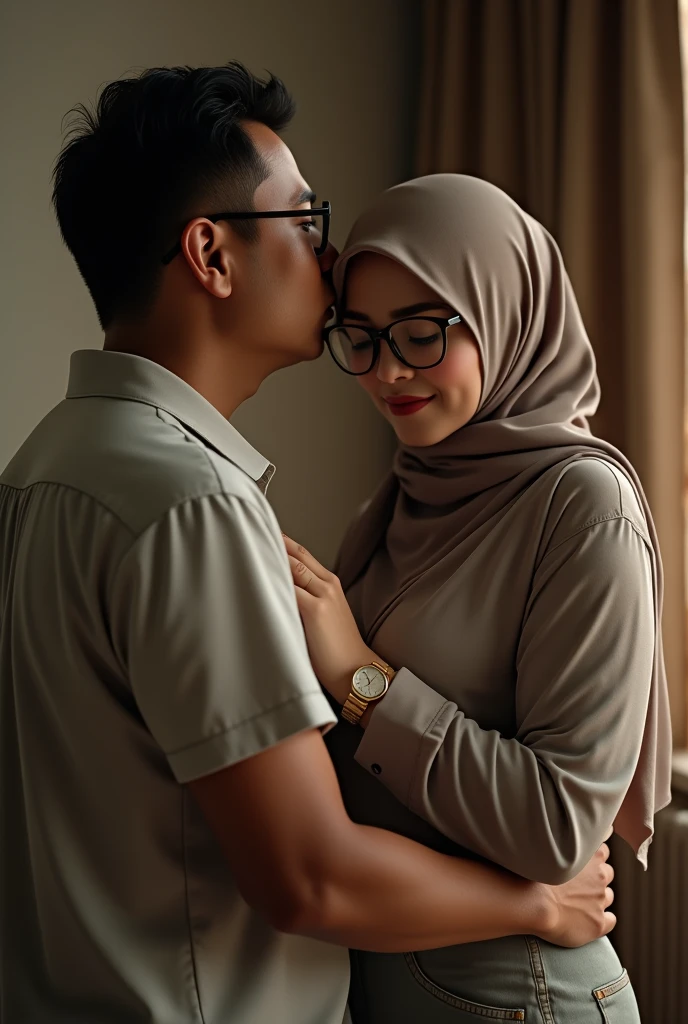 Wide view,((best quality)), ((masterpiece)), (detailed), 6K, perfect face, malay woman wearing hijab, glasses, 38 years, a Man 29 year, women naked,(toplezs, nude), (Droopiest Breast)), (realistic skin texture), POV shot, anatomical correction, realistic titjob positioning,((Realistic Ultra vagina)), anatomical correction, Capture the essence of romance and nostalgia as they stand together, man kissing woman shoulder, man hugging woman from behind, man grabbing woman breast from behind, facing camera,ultra detail, professional photograph with professional lighting, smile, slim,real,