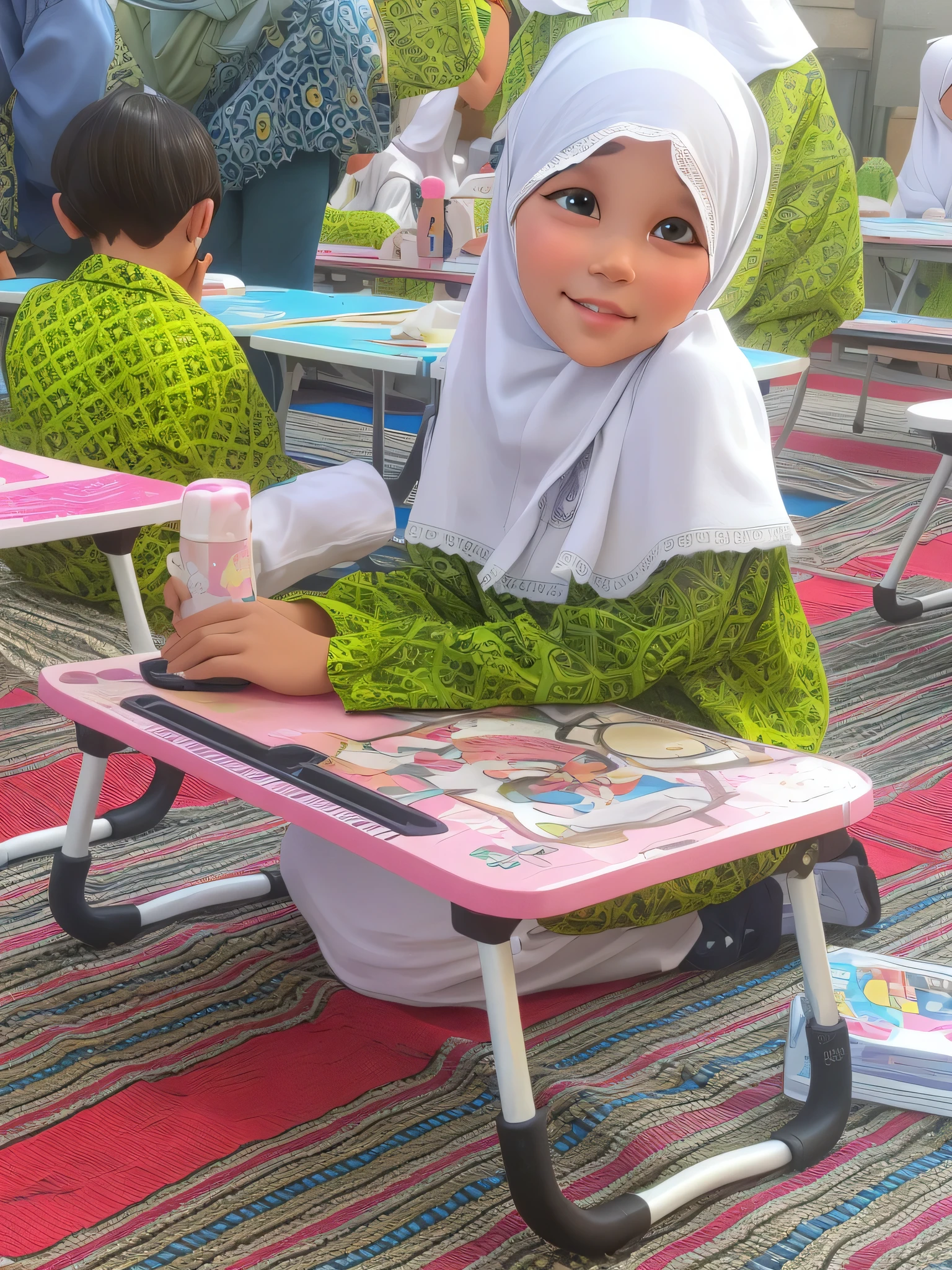 there is a young girl Five years old wearing a white head scarf, a picture, close up potrait, innocent face, potrait, perfect expression, innocent look, inspired by Nazmi Ziya Güran, profile picture 1024px, reyyan, old picture, innocent smile, white hijab, inspired by Naza, full protrait, sweet and innocent, 3D render, 3D Cartoon, big head, cartoonish look, high resolution, super detail, soft lighting