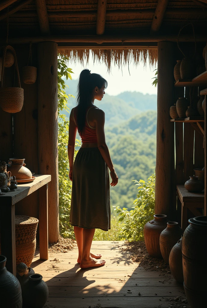 An American woman searching something inside a hut