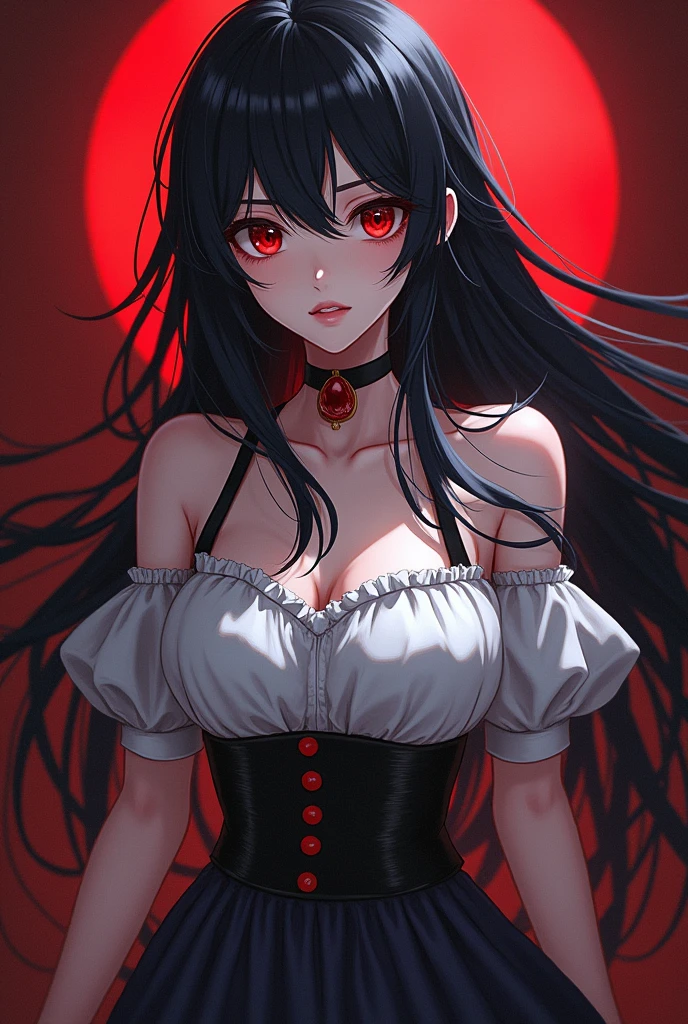 women (anime style, Whole body) of white skin with long, slightly tousled black hair, Red eyes, Two piercings in one ear with the attire "Alice" of the game "Alice: Madness Returns"