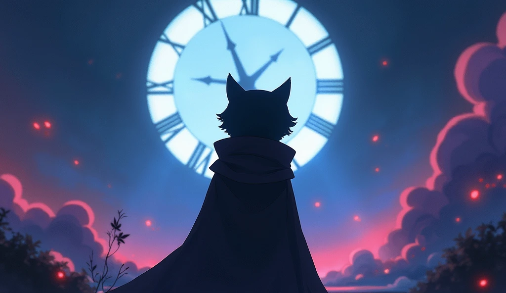 Anime scene where the silhouette of a cat wearing a cloak standing in front of a clock can be seen in the distance, Dreamy psychedelic anime, Cytus and Deemo Style, videoScreenshots of the game, Gore anime screenshot, Animation still screenshots, video Screenshots of the game, Cut scene footage, アニメmovieのスクリーンショット, Screenshots of the game, movie, Screenshots of the game, From the TV anime
