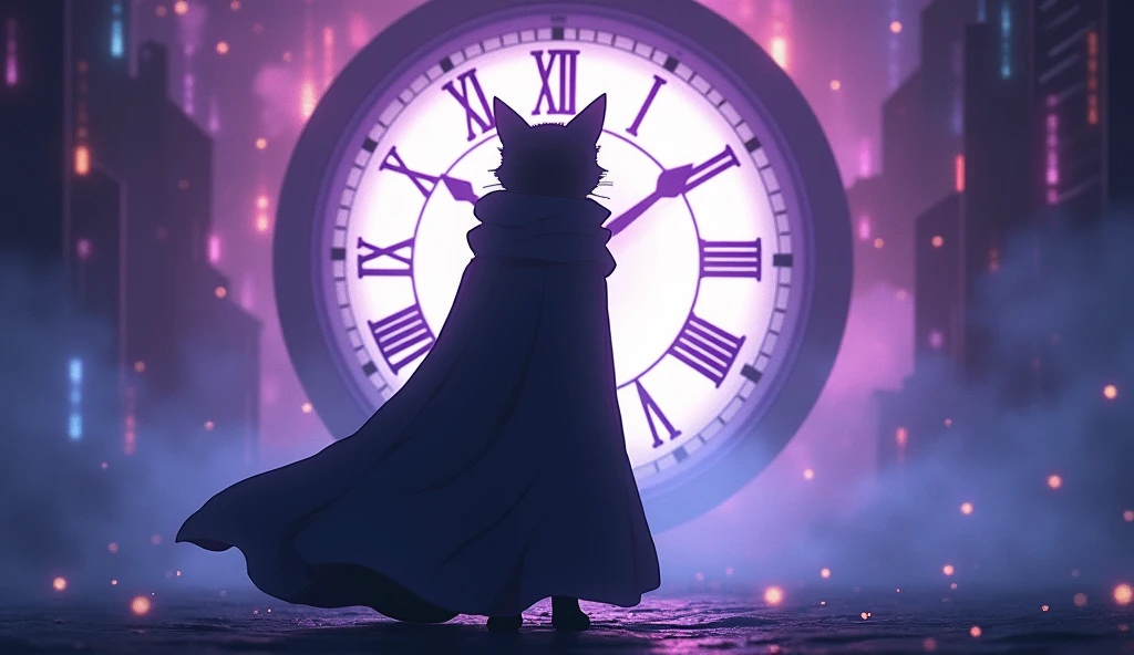 Anime scene where the silhouette of a cat wearing a cloak standing in front of a clock can be seen in the distance, Dreamy psychedelic anime, Cytus and Deemo Style, videoScreenshots of the game, Gore anime screenshot, Animation still screenshots, video Screenshots of the game, Cut scene footage, アニメmovieのスクリーンショット, Screenshots of the game, movie, Screenshots of the game, From the TV anime