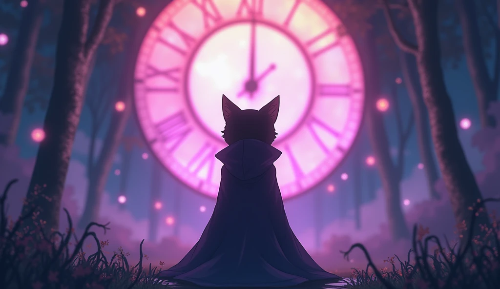 Anime scene where the silhouette of a cat wearing a cloak standing in front of a clock can be seen in the distance, Dreamy psychedelic anime, Cytus and Deemo Style, videoScreenshots of the game, Gore anime screenshot, Animation still screenshots, video Screenshots of the game, Cut scene footage, アニメmovieのスクリーンショット, Screenshots of the game, movie, Screenshots of the game, From the TV anime
