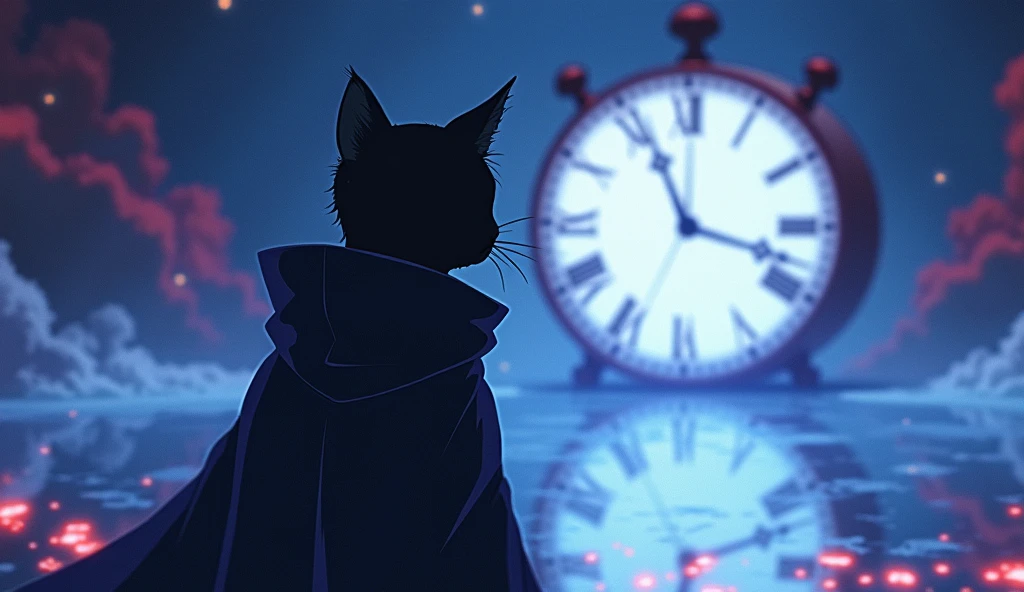Anime scene where the silhouette of a cat wearing a cloak standing in front of a clock can be seen in the distance, Dreamy psychedelic anime, Cytus and Deemo Style, videoScreenshots of the game, Gore anime screenshot, Animation still screenshots, video Screenshots of the game, Cut scene footage, アニメmovieのスクリーンショット, Screenshots of the game, movie, Screenshots of the game, From the TV anime