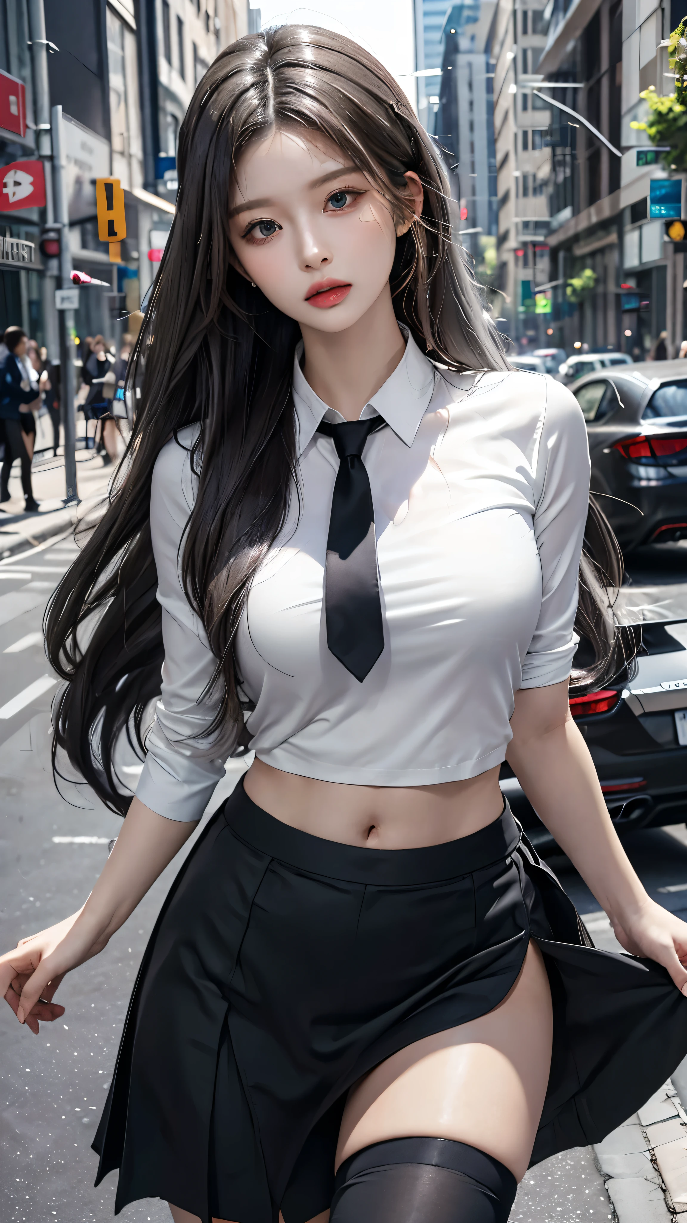 realistic, high resolution, 1 woman, butt up, beautiful eyes, gray hair, long hair, round eyes, collar shirt, belly button visible, black tie, black skirt, city street, Short skirts that show panties, dressed like a student