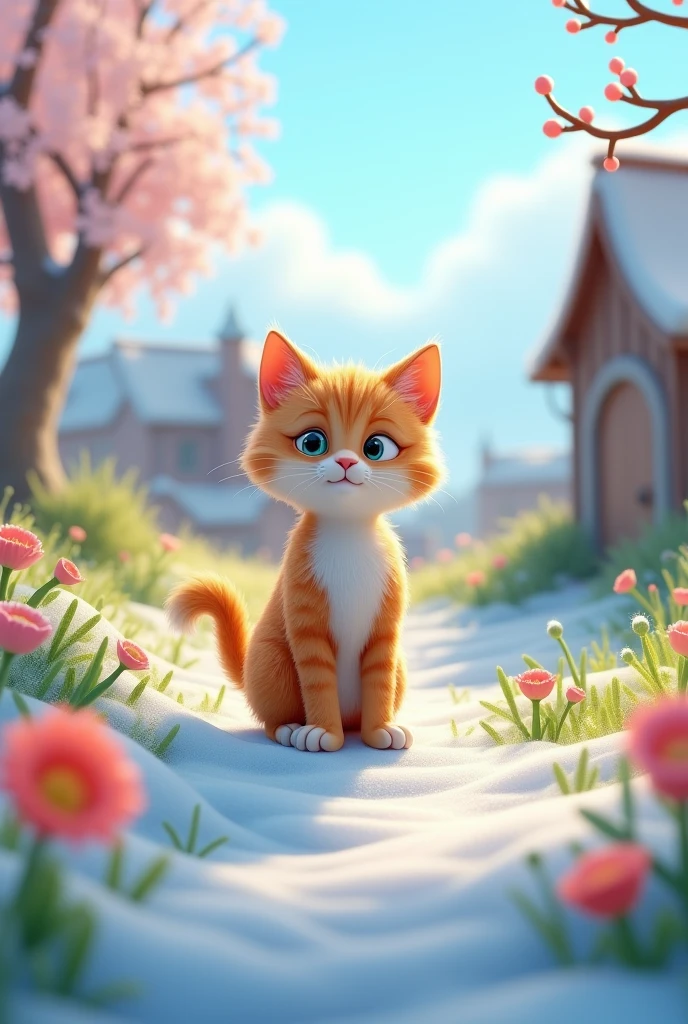 Create cat story in 3d style"
Winter to Spring:** A scene transitioning from winter to spring, showing budding flowers and melting snow."