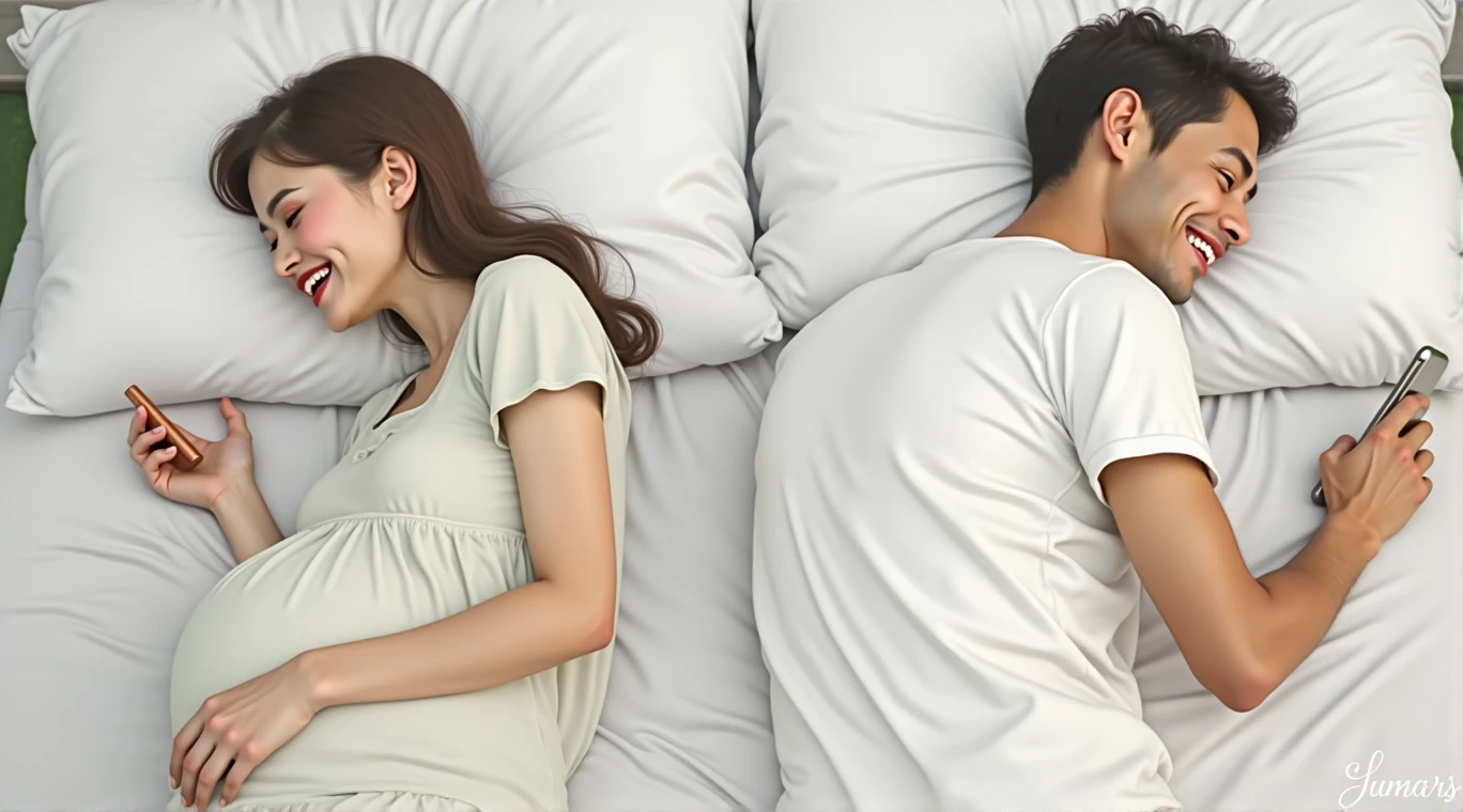 Based on the image suggestion, make the woman smile and remove the cell phone from the man.