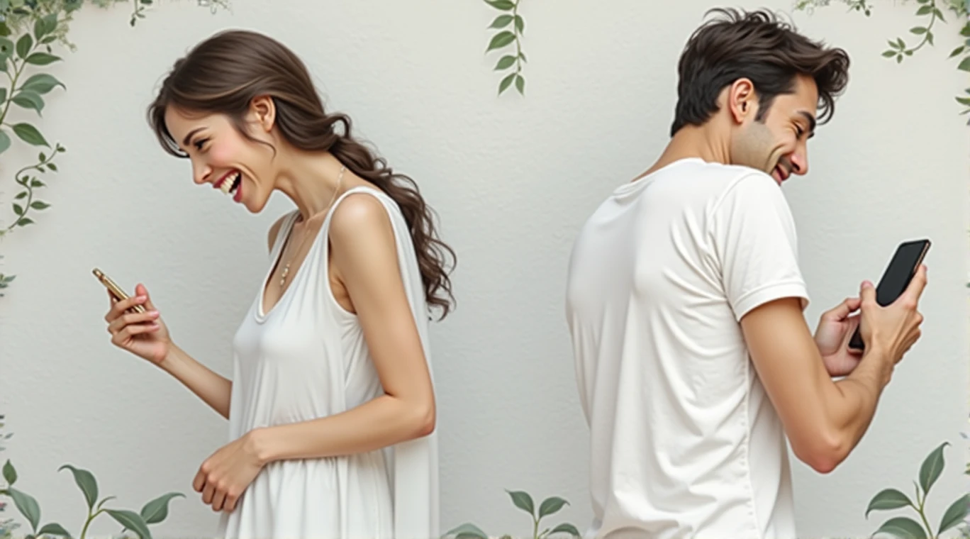 Based on the image suggestion, make the woman smile and remove the cell phone from the man.
