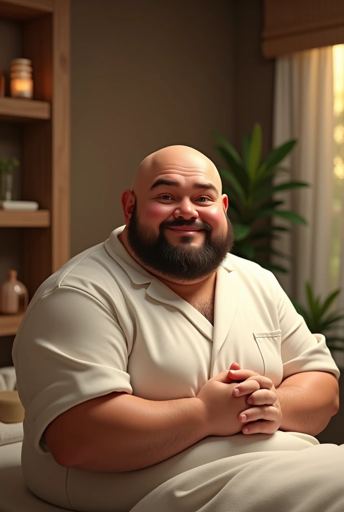 Semi-chubby male masseuse with thick eyebrows, bald and bearded 
