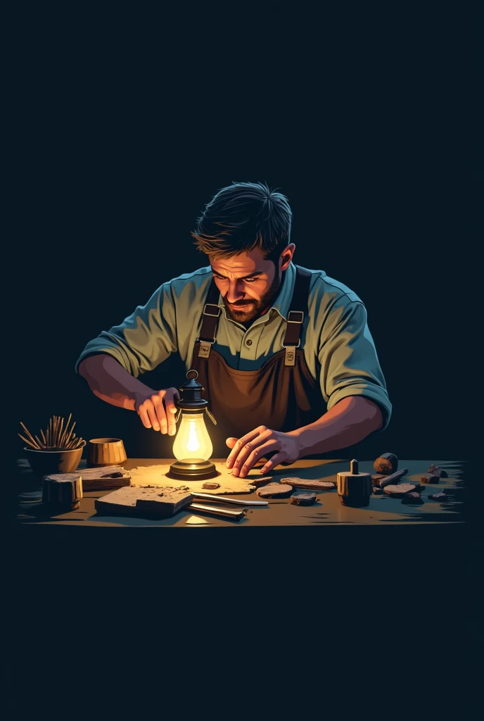 Creat a logo in which Craftsman working at night and and taken from the front of his