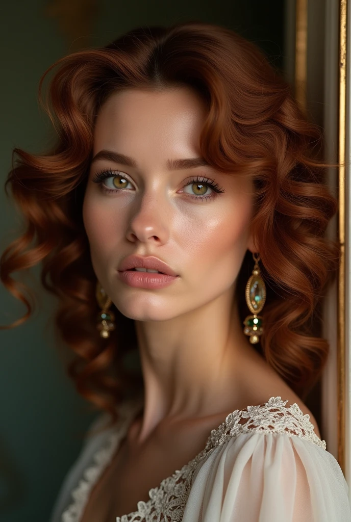 Irene Adler,Brown-haired,Realistic style,Photography,hair to chin,curls,Brown eyes,Citrine earrings,Serious,modernization,Healthy body shape,august