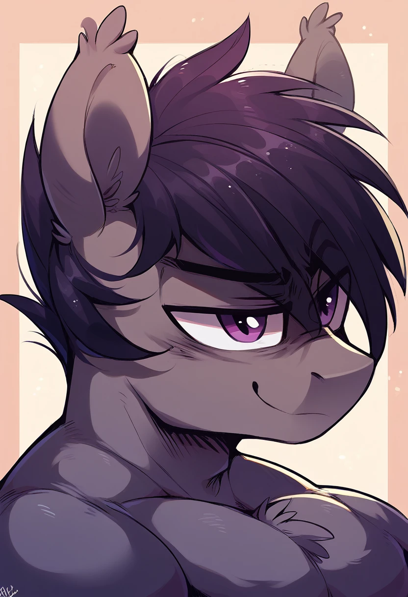 create a male pony, black-furred, black hair tied in a short ponytail with bangs covering the left eye, dull purple eyes, oval birthmark on the right eye, with a smug smile, working out shirtless at the gym, a Twilight Sparkle looking (MLP) q Cora looking at the male pony's muscles.