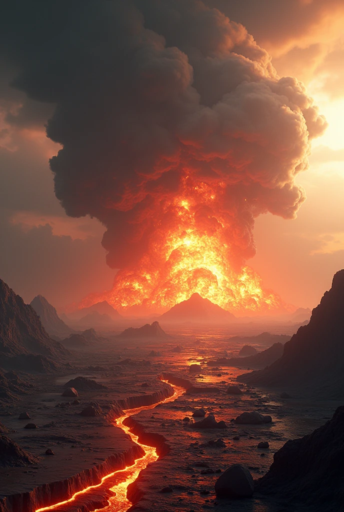 a massive asteroid impact on a Earth planet, apocalyptic and dramatic sci-fi scene, highly detailed, cinematic, dramatic lighting, volumetric clouds, debris field, cracked ground, glowing lava, fiery explosion, cinematic camera angle, concept art style, muted color palette, photorealistic, 8k, best quality