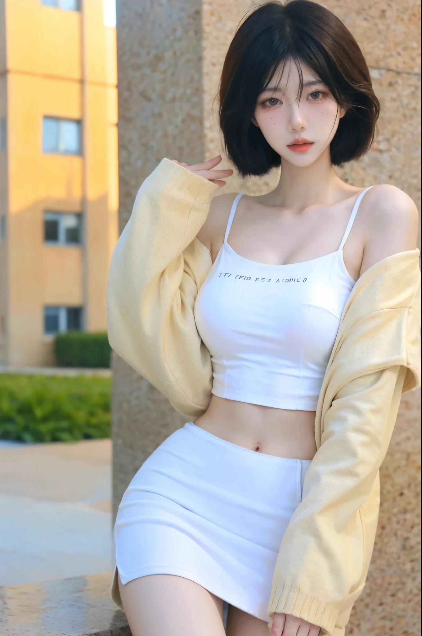 Beautiful woman with perfect figure:1.4，Sun background，ID photo，Layered hairstyle，White skin,Cleavage highlights，Pleated Skirt，whole body，The face and skin are very delicate.，Double eyelids,Skin Whitening，White hair
