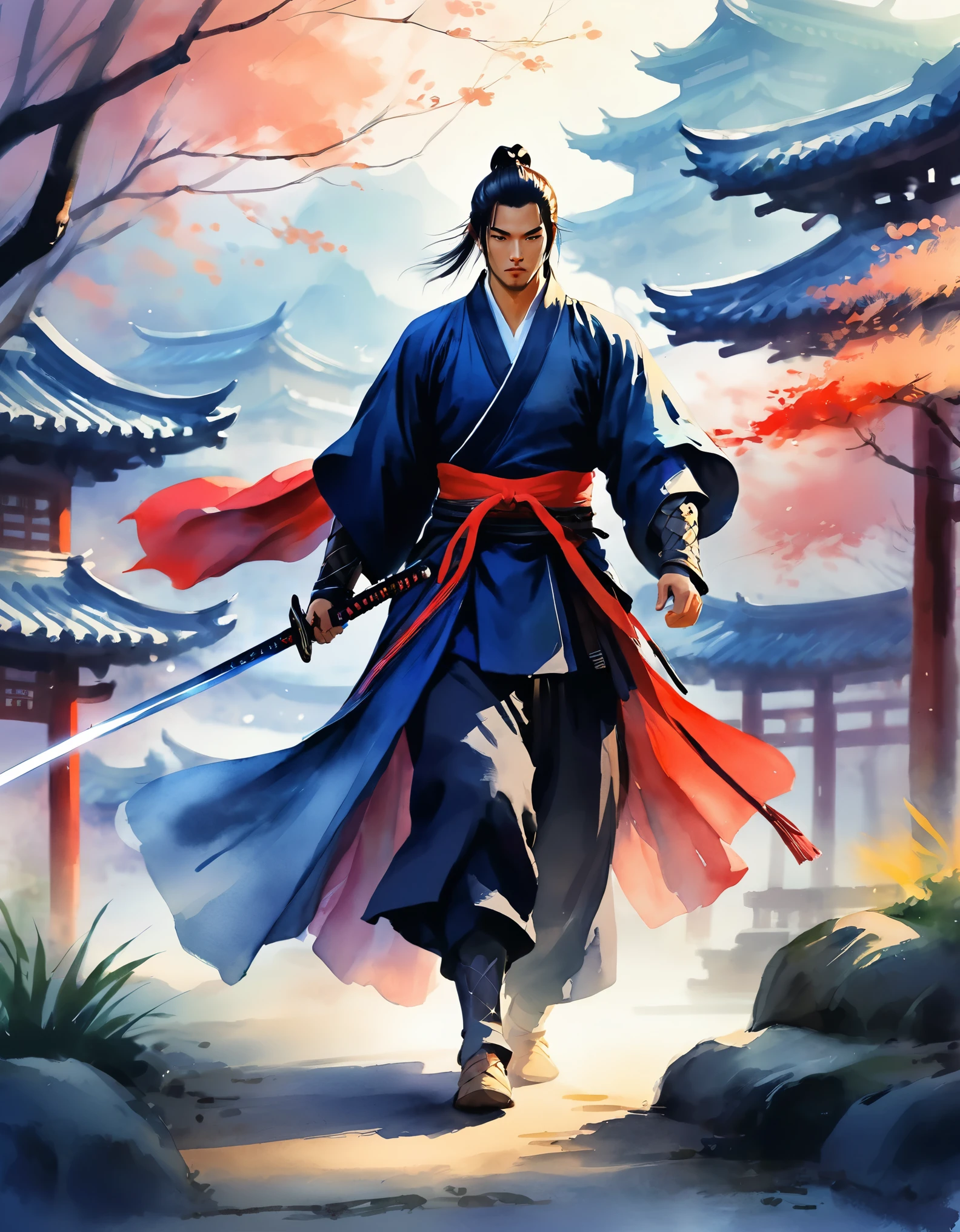 Wuxia style，Swordsman，cloak  ，Low-light environments，Blurred Background，，high quality，Watercolor ,