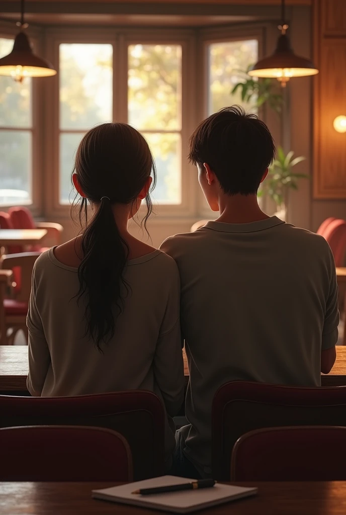 A backside view of a man and a woman with ponytail sitting in a coffee shop with a space for typing a story