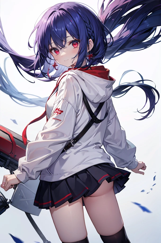 {{masterpiece}}, The best quality of life, 、((short indigo hair、Deep blue hair)Braided Hair) 、 Cute female, 、One woman、(((Crimson Eyes、Red eyes、Red eyes)))、Expressionless adult woman、((White background))、small but well-shaped breasts,、(((White shaggy hoodie、Black knee-high socks)))、smile、smile、Small earrings