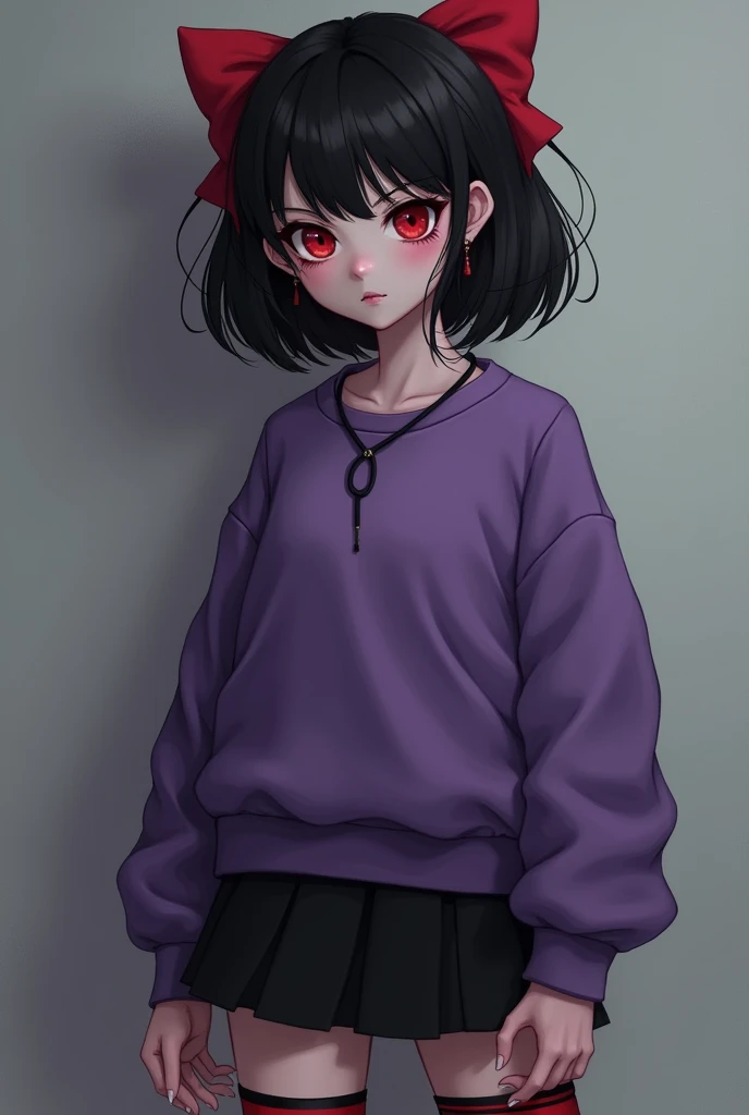 White-skinned woman with long, slightly tousled black hair, Red eyes, two piercings in one ear, purple sweatshirt, short black skirt, red and black striped socks and a simple red ribbon bow in her hair