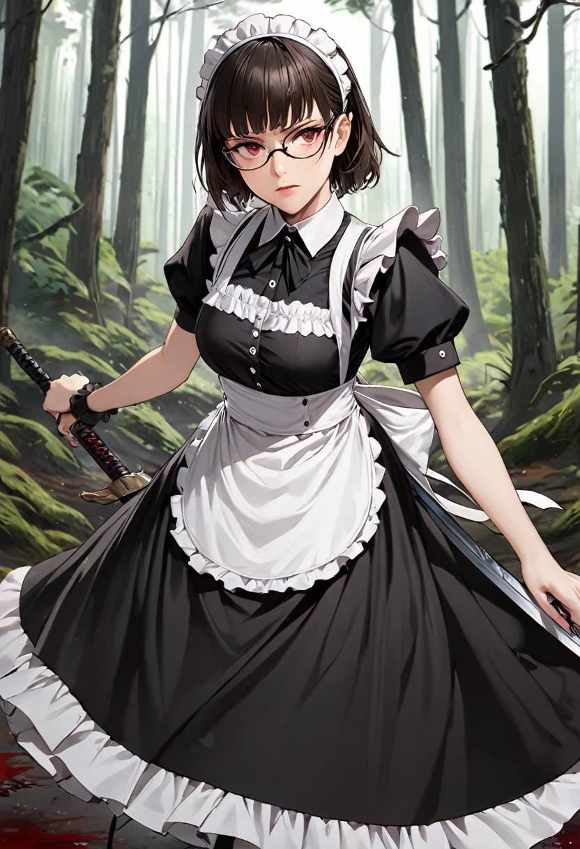 Highest quality, masterpiece, High resolution, alone, , (maid:1.40), (long maid dress:1.15), 19 ,forest,Detailed Background,Glasses,Sword in both hands,Battle Scenes,Blood,