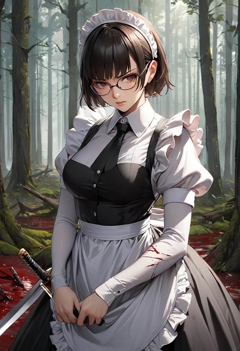 Highest quality, masterpiece, High resolution, alone, , (maid:1.40), (long maid dress:1.15), 19 ,forest,Detailed Background,Glasses,Sword in both hands,Battle Scenes,Blood,