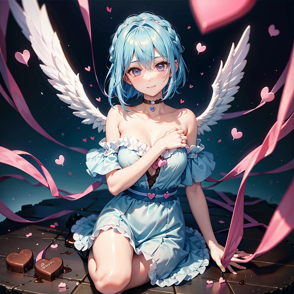 Sky blue hair、Braided Short Hair、Pink Eyes、Fair skin、whole body、One person、shy、Lots of hearts in the background、(Heart-shaped chocolate)、(Chocolate Angel)、Valentine's Day、smile、masterpiece、Highest quality、Very detailed、Best Shadow、Detailed Background、Beautifully detailed face、High Contrast、Best lighting、Very delicate and beautiful、Cinematic Light、Hyper Detail、8k、Dramatic Light、Exquisite detail、
