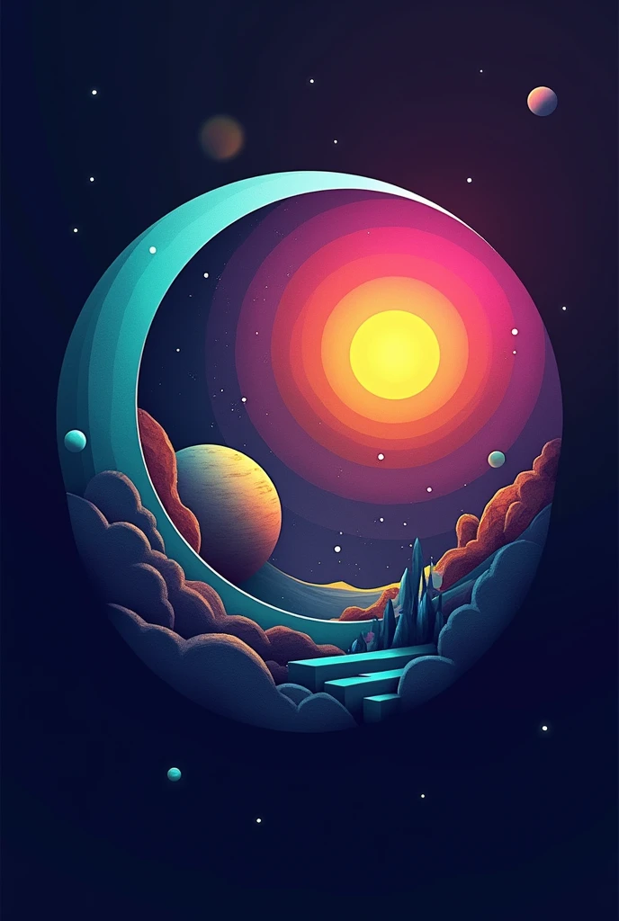 Abstract planet logo and design with cyan colors, magenta and yellow.