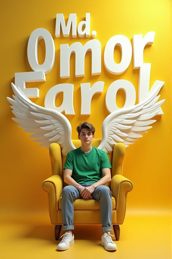 Prompt: Create a 3D illusion for a picture where a boy 25 years in a green T-shirt shirt sits casually on a Wingback Chair. Wearing sneakers ,, and , he looks ahead. The background features "Md.Omor Farok" in big and capital white fonts on the yellow wall. There should not be his shadow, and there are wings to make it appear as if he is an angel.