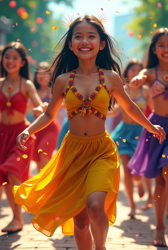 Panel 5:

Setting: A more dynamic shot of the tinikling dancers, with the camera moving to follow their movements.
Details: The dancers should be of different ages and backgrounds, emphasizing the idea of unity.
Color palette: A continuation of the vibrant colors from Panel 4.
Panel 6:

Setting: A close-up shot of Ana, with the tinikling dancers in the background.
Details: Ana's eyes should be filled with joy and inspiration, and her paintbrush should be held up as if she is ready to capture the moment.
Color palette: A mix of soft and bright colors to create a sense of hope and optimism.
Panel 7:

Setting: A full-page spread featuring the heart made of the Philippine flag colors.
Details: The heart should be surrounded by images of various Filipino art forms, such as music, dance, and literature.
Color palette: A bold and striking use of the Philippine flag colors to create a powerful visual impact.
Komiks: Ang Sining ng Pagkakaisa
 
Panel 1:
 
- Isang batang babae na nakasuot ng tradisyunal na damit ng Pilipino, nakaupo sa isang bangko sa parke, nagpipinta ng isang tanawin ng palayan.
 
Caption: "Si Ana, isang batang artista, ay nagmamahal sa sining ng Pilipinas."
 
Panel 2:
 
- Isang matandang lalaki, nakasuot ng barong tagalog, nakatingin sa gawa ni Ana. Nakangiti siya at tumango.
 
Caption: "Nakita siya ni Mang Ramon, isang batikang pintor, at napahanga sa kanyang talento."
 
Panel 3:
 
- Si Ana at Mang Ramon ay nag-uusap. Nakatingin sila sa gawa ni Ana.
 
Mang Ramon: "Maganda ang obra mo, Ana. May talento ka sa sining."
 
Ana: "Salamat po, Mang Ramon. Mahal ko po ang sining ng Pilipinas."
 
Panel 4:
 
- Si Ana at Mang Ramon ay naglalakad sa parke. Nakikita nila ang mga bata na nagsasayaw ng tinikling.
 
Caption: "Ang sining ng Pilipinas ay buhay na buhay sa bawat sulok ng bansa."
 
Panel 5:
 
- Isang malaking grupo ng mga tao ang nakikiisa sa pagsasayaw ng tinikling. Ang mga bata, matatanda, at mga magulang ay nagsasaya.
 
Caption: "Sa pamamagitan ng sining, n