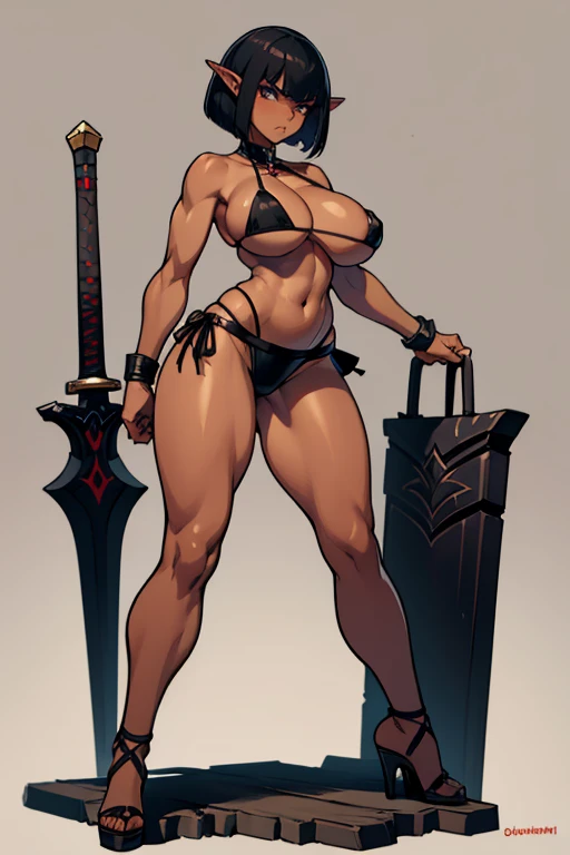 Dark elf, thick hips, thick thighs, platform heels, leather bikini, mini bikini, huge breast, thin waist, tight stockings, bob cut hair, weapon, tanned skin, handle sword, angry look, fullbody, standing, front pose, black skin, tanned, brown skin, very short skirt,