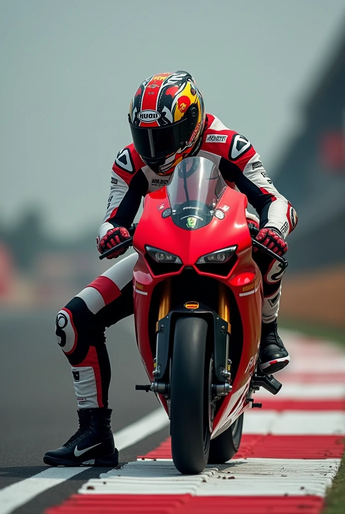 ((best quality)), ((masterpiece)), (detailed), 1man, superbikes rider sitting and leans on his bike, wearing racer wearpack, ducati panigle v4S, low angle camera, nike sneakers, race helmet motif, red white corner line,