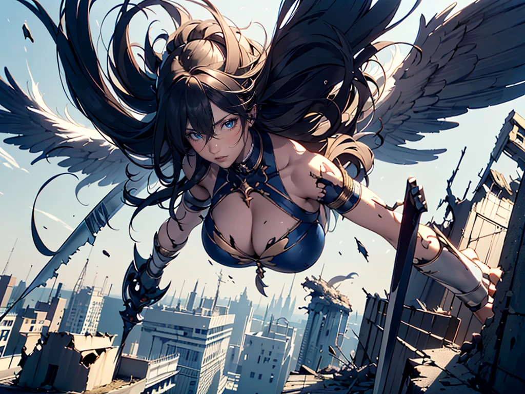 destroyed city, (100 meter tall huge goddess floating, emits light from all over the body, lost pupils, last judgment, blue flame), weapon, aerial angle from below,