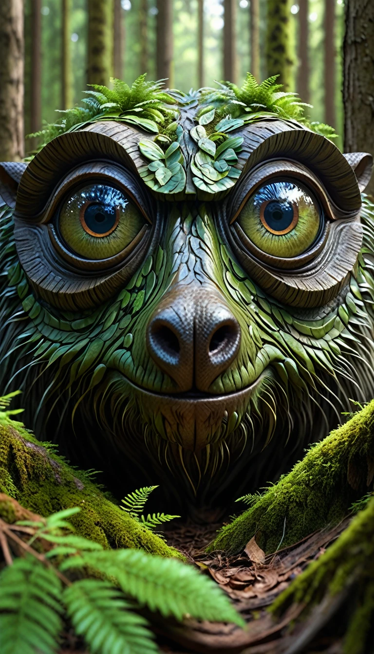 Panorama,There are faces in the forest,A creature with four eyes on its face(best quality,4K,8k,High level,masterpiece:1.2),Ultra Detailed,(lifelike,Photo real,Photo real:1.37),Highly detailed animals,Complex patterns,Realistic lighting