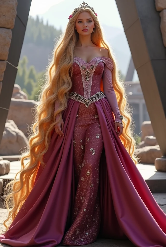 a rapunzel princess from original book . in marvel world detailed outfit for fancy  dress competition 