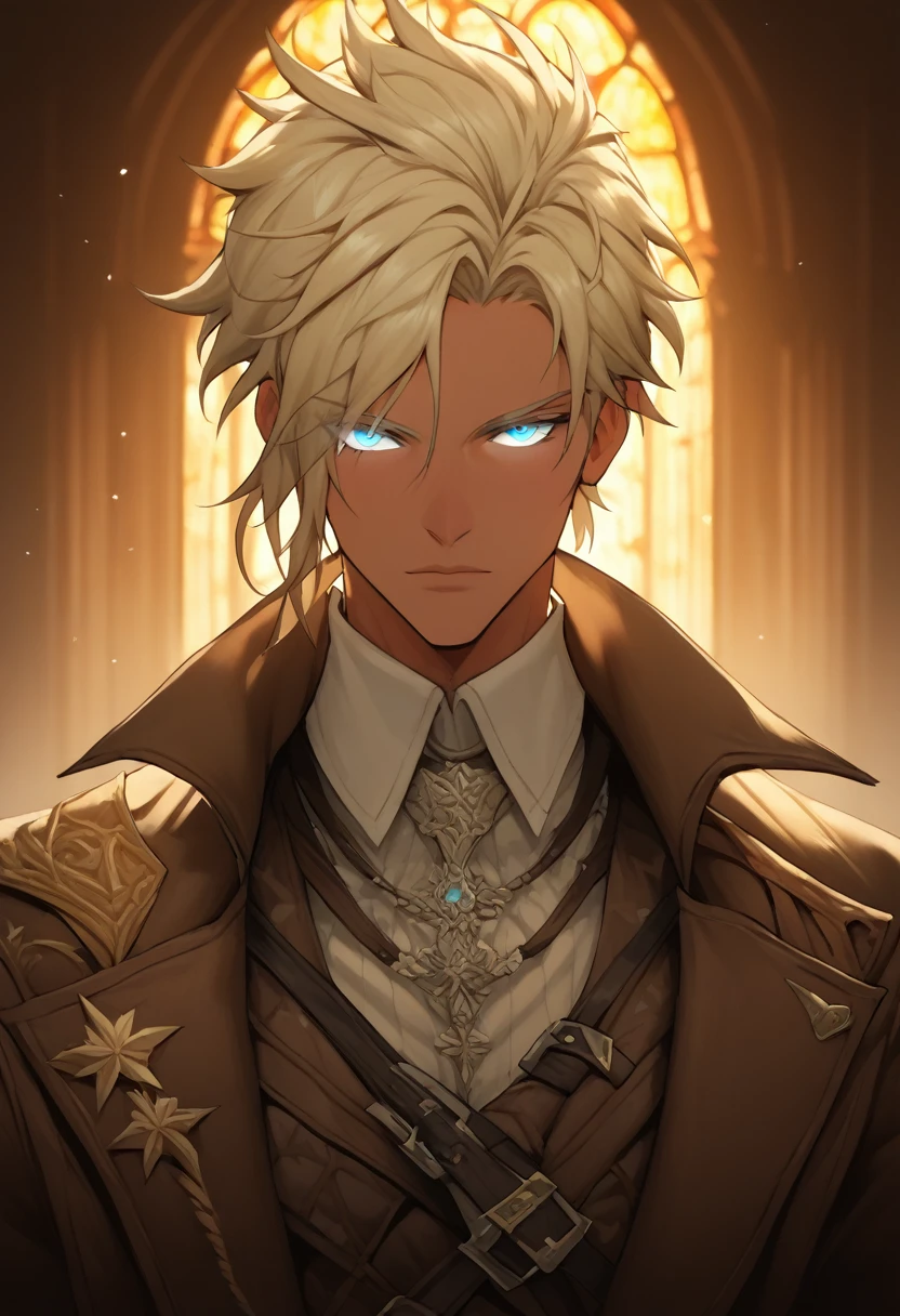 masterpiece, expressive eyes, perfect face, best quality, 1boy, male focus, solo focus, Adult, Fighter, Echo Knight, light blue eyes, tanned skin, cropped hair, clean hair, wavy hair, ash blonde hair, Hunter, Celestial, Church belfry, fingerless gloves, bloodborne, glowing eyes
