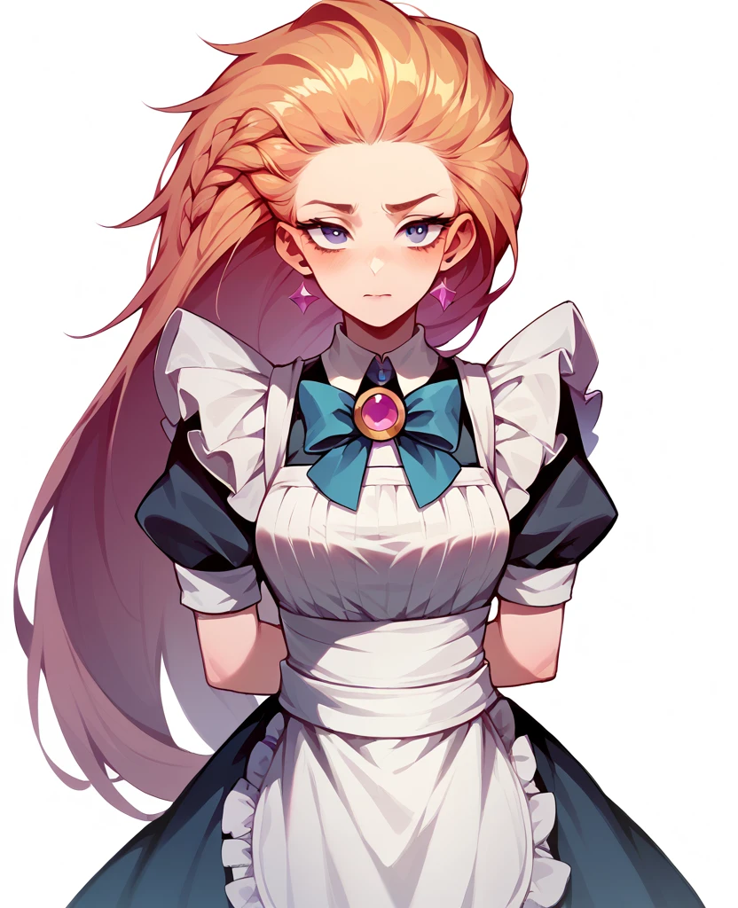 Zoe wearing a maid uniform while standing looks at her master with a submissive look