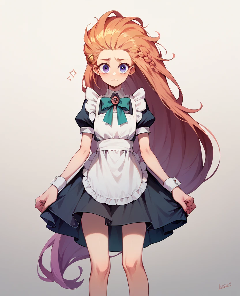 Zoe wearing a maid uniform while standing looks at her master with a submissive look