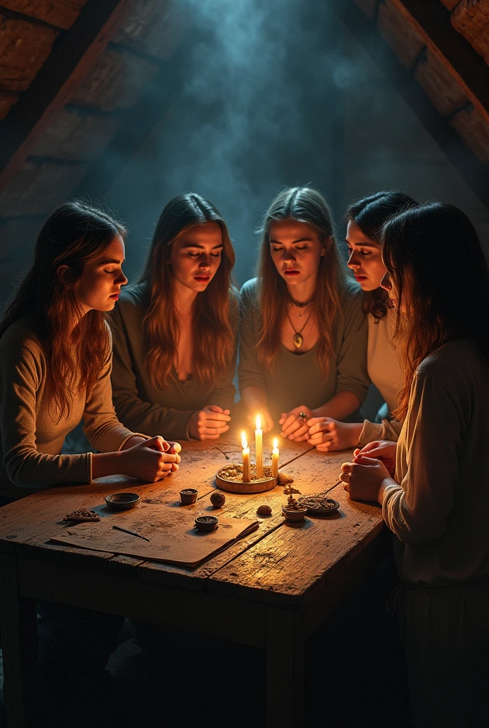 Friends chanting something to summon a spirit inside attic