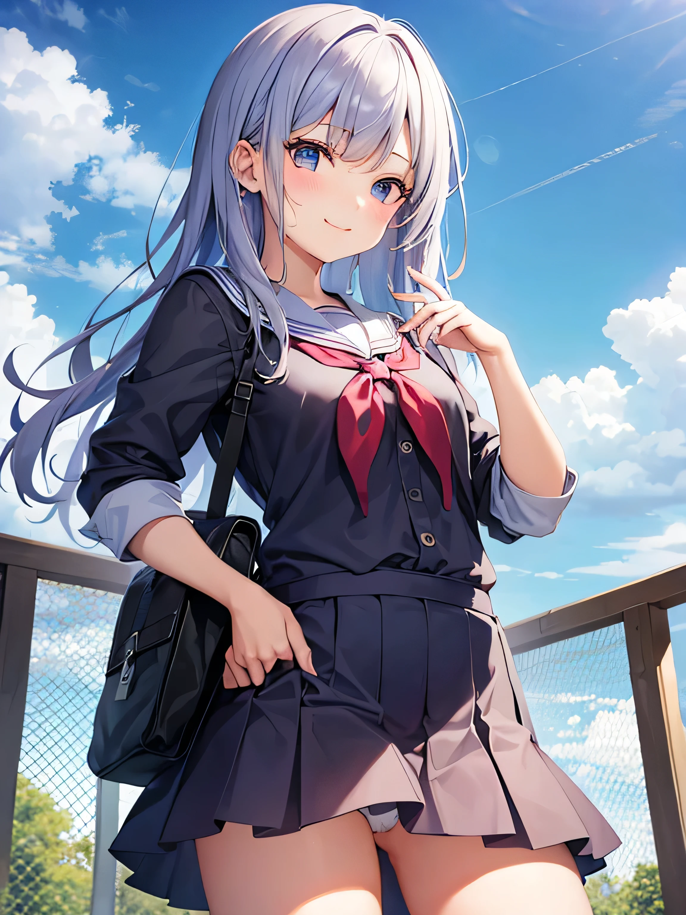1 girl、、smile、pretty girl、high school student、uniform、Serafuku、(small breasts)、Portrait from the crotch up、