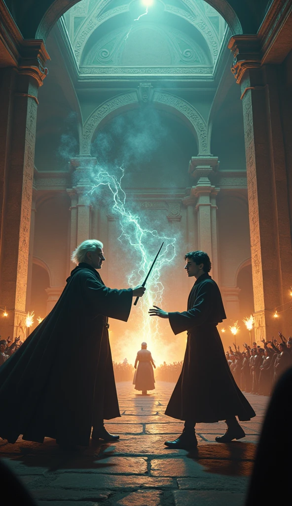 Draco Malfoy, a character from the Harry Potter Films, engages in a duel with Luke Castle, a character from the Percy Jackson Films. The audience cheers.