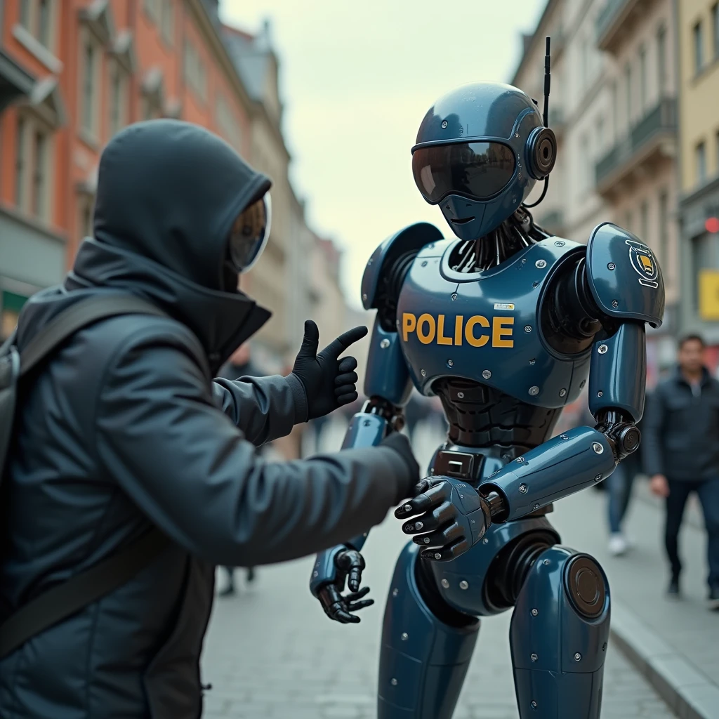 A scene where a police robot is catching a bad person.