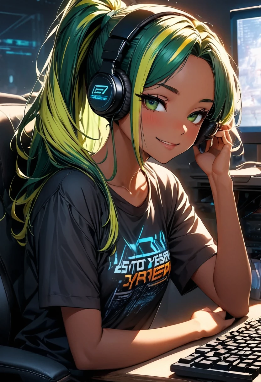 (highest quality:1.2, Very detailed, up to date, Vibrant, Ultra-high resolution, High Contrast, masterpiece:1.2, highest quality, Best aesthetics), Portraiture、girl、((25 years old:1.8)), (slim:1.3), Bright colors、Beautiful fine details、Beautiful lip detail、long hair, (ponytail:1.3), white and yellow green ((streaked hair:1.6)), highlights hair: 1.5, (small breast,:1) (tan skin:1.2), black t-shirt, pants, ((wear headphone:1)), game programer, typing keyboard on the desk PC, sitting gaming chair, glasses, side shot, (cowboy shot:1.1), (look at PC on the desk:1), smirk, upper body